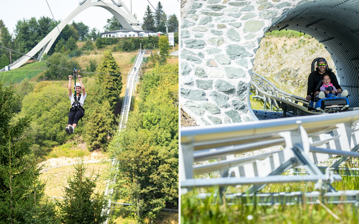 Ein zweigeteiltes Bild. Auf dem einen eine Person, die im Vordergrund der St. Georg Sprungschanze im Sitzen die Zipline hinunterfliegt und auf dem anderen ein Mann mit Kind, die durch den Tunnel der Sommerrodelbahn fahren.
