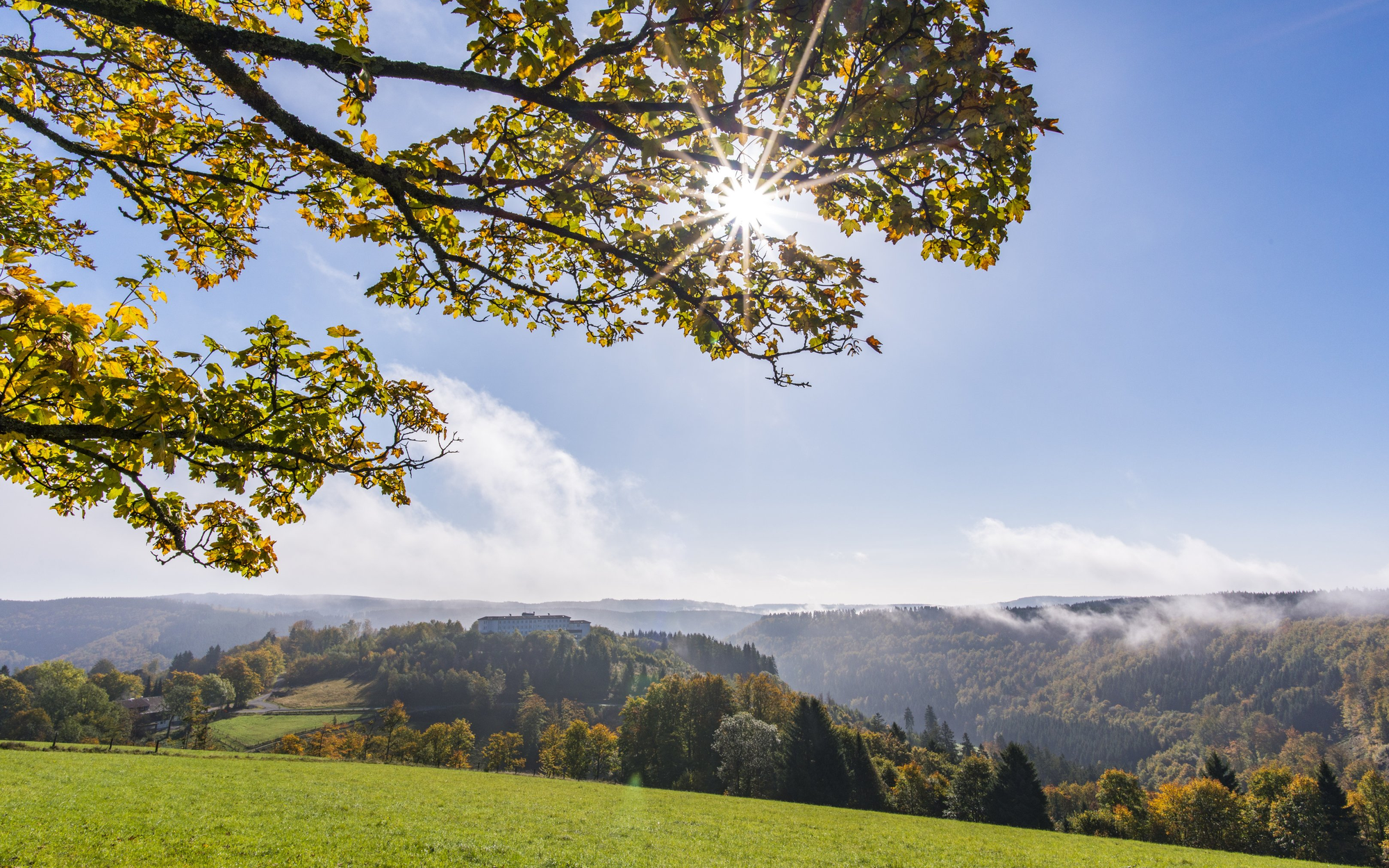 Die Landschaft rund um die Ortschaft Hoheleye mit ihren Bergen, Wäldern und Wiesen.