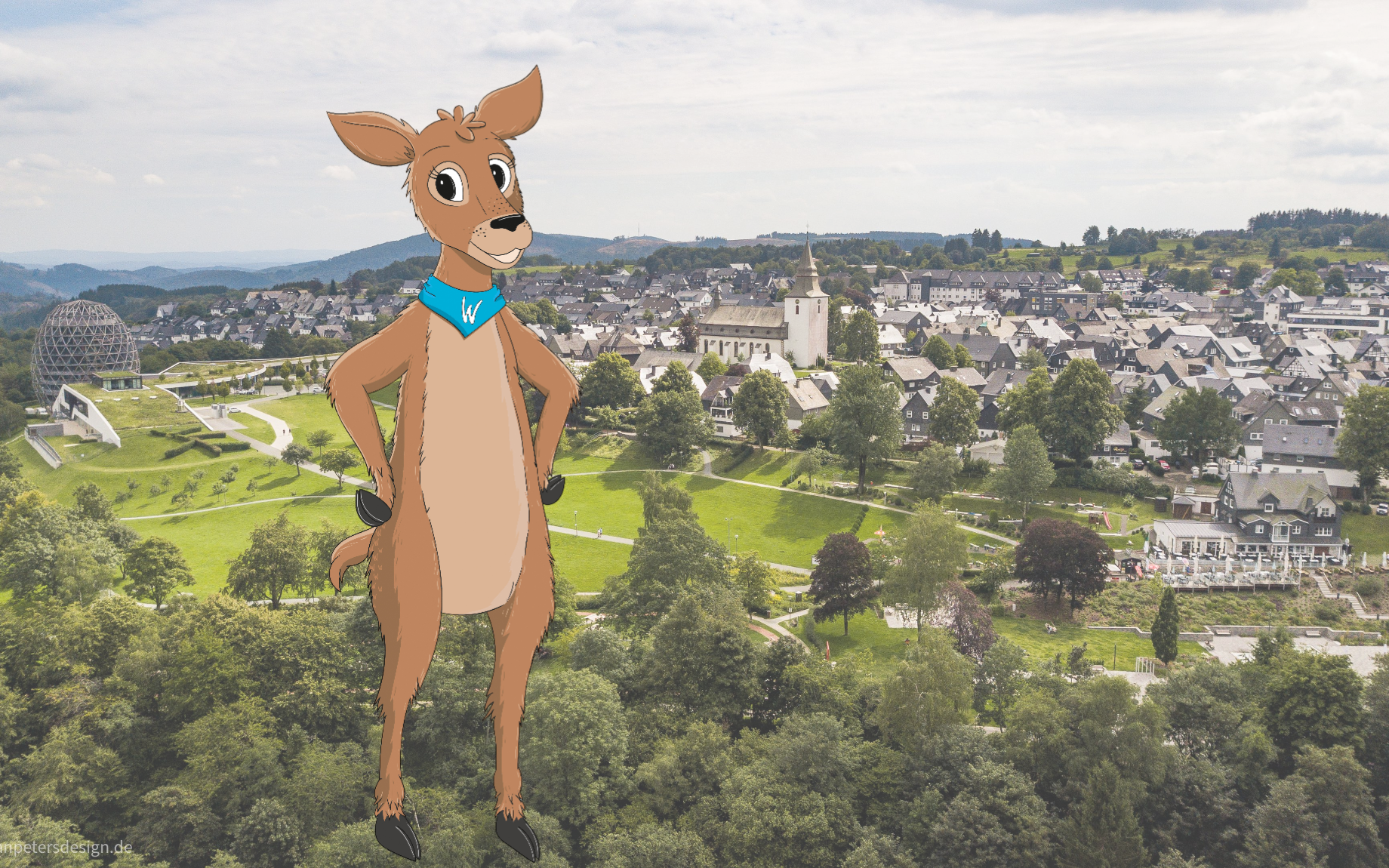 Fotomontage von Maskottchen Waldi auf einer Stadtansicht von Winterberg.
