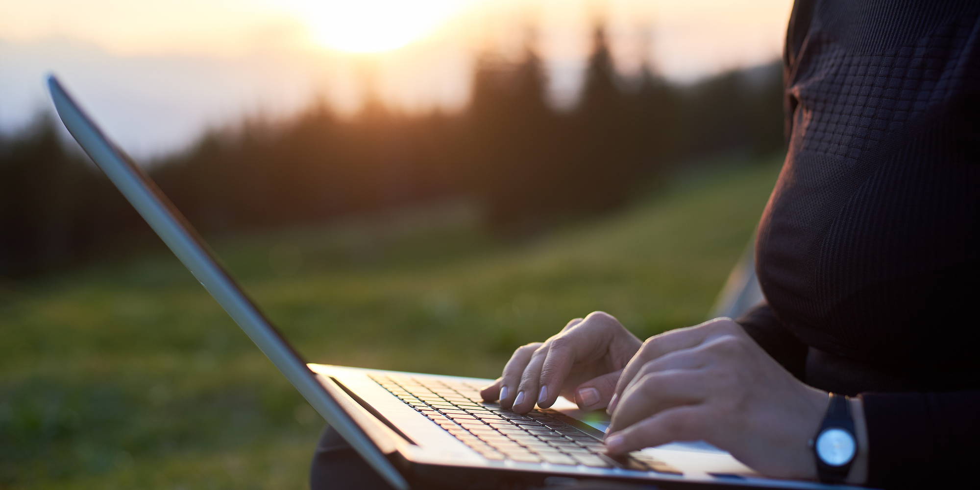 Eine Person arbeitet am Laptop inmitten der Natur