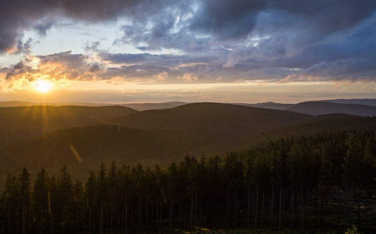 Aussicht auf die Berg- und Waldlandschaft mit dem Sonnenaufgang im Hintergrund.