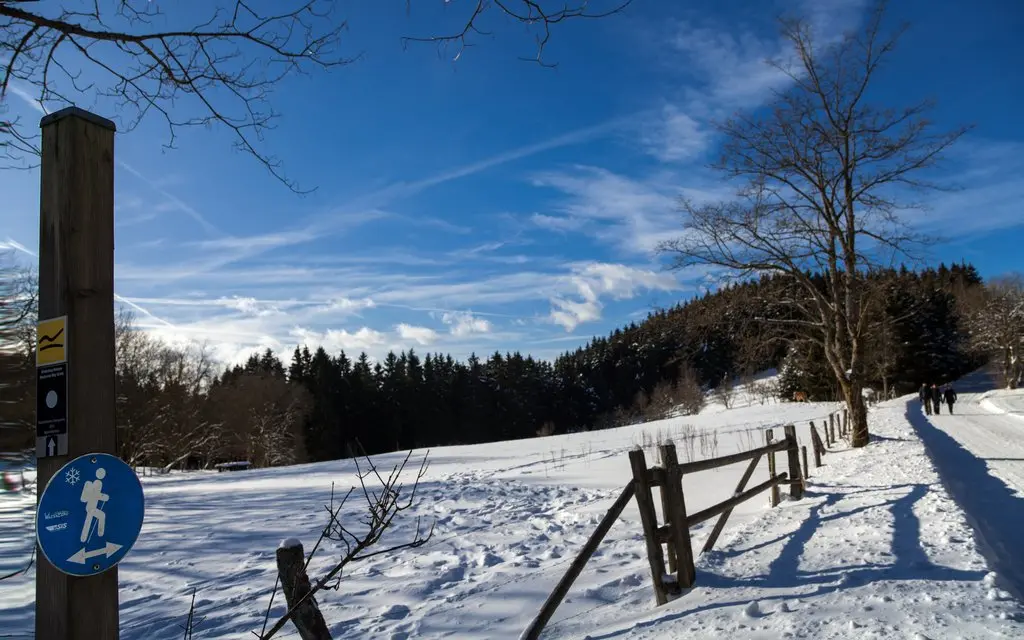 Ein Winterwanderweg in schneebedeckter Landschaft.