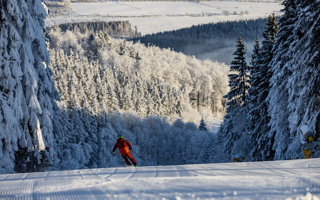 Ein Skifahrer fährt einen Hang hinunter ins Tal.