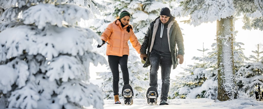 Zwei Personen, die mit Schneschuhen durch den Wald wandern.