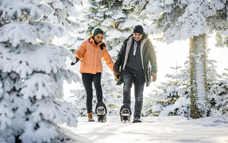 Zwei Personen, die mit Schneschuhen durch den Wald wandern.