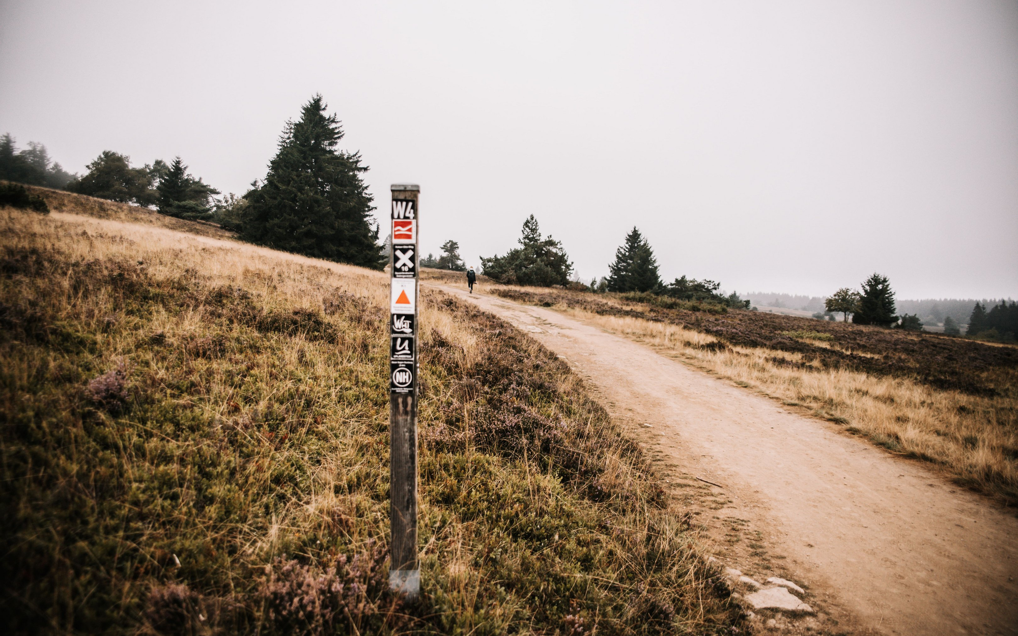 Ein Wegweiser auf der Hochheide in Niedersfeld. Im Hintergrund läuft ein Wanderer.