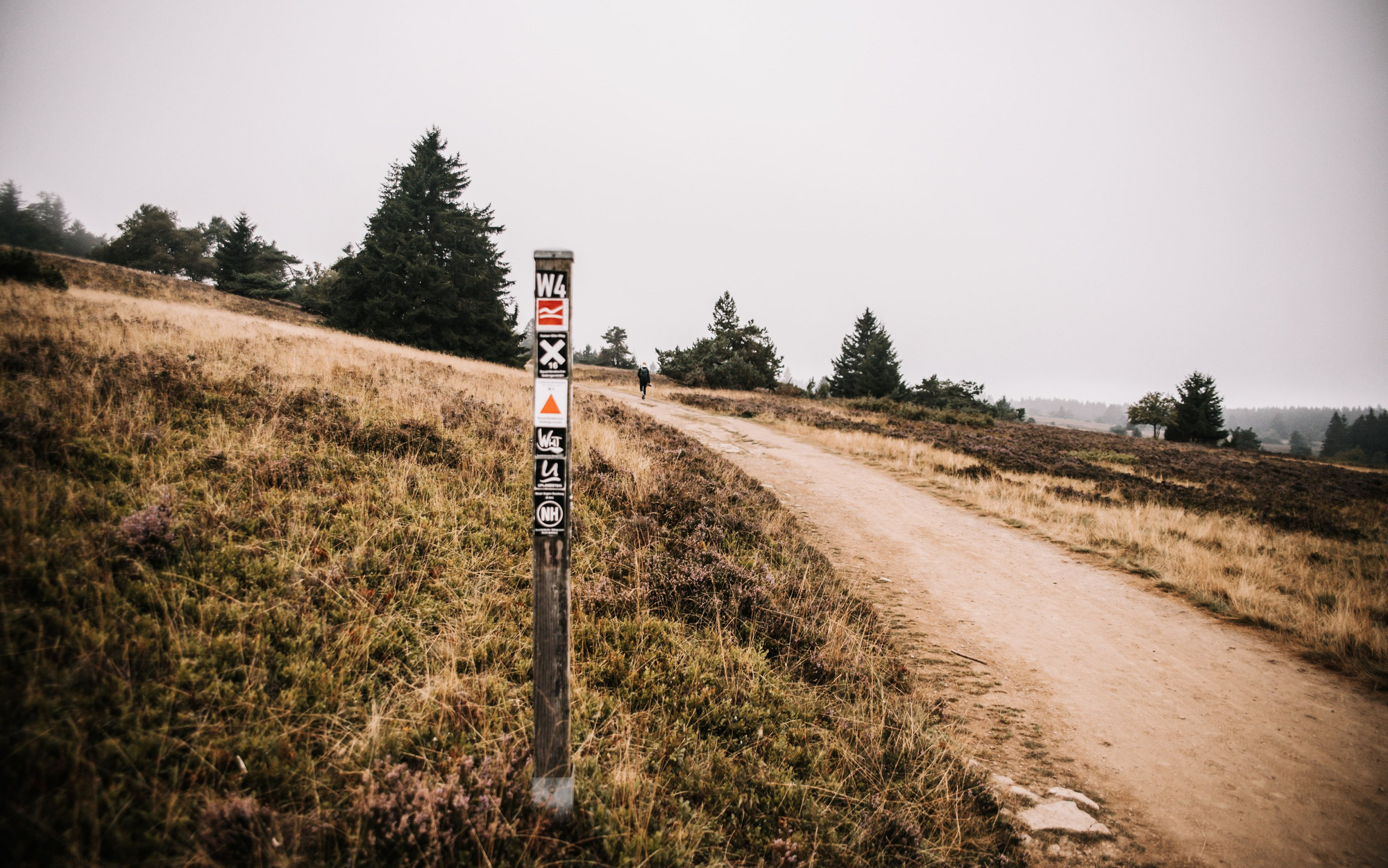 Ein Wegweiser auf der Hochheide in Niedersfeld. Im Hintergrund läuft ein Wanderer.