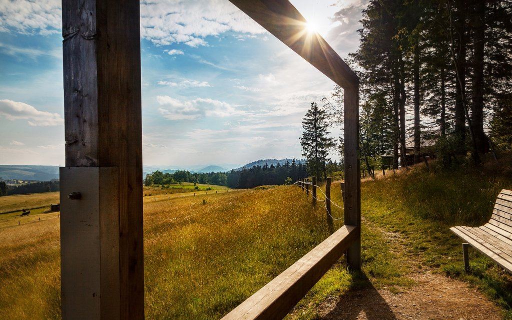 Blick durch den Rahmen des Naturkinos auf eine schöne Landschaft bei Sonnenaufgang.